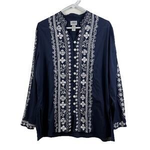 Chico’s Navy White Embroidered Button Up Tunic Top Size L (12) 100% Cotton Boho